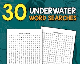 May include: Two black and white word search puzzles with the title "30 Underwater Word Searches". The puzzles feature words related to the ocean, such as "sea otter", "octopus", "dolphin", "shark", "fish", "crab", "jellyfish", "starfish", "coral", "seahorse", "anemone", "dugong", "devilfish", "cushion star", "bluefin tuna", "angelfishing", "atlantic", "armoredsnail", "albcore", "anchovy", "acantharea", and "american oyster".