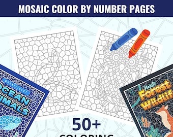 BEST VALUE 2 in 1 Mosaic Color By Number Book - Instant Download Mosaic Coloring Pages, Ocean Animals & Forest Wildlife Perfect Art Activity