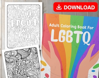 May include: Adult coloring book cover with a rainbow background and two hands reaching up. The title is "Adult Coloring Book For LGBTQ" and the text below says "Celebrate Love and Pride Month with Inspirational Quotes and Affirmations for Lesbian, Gay, Bisexual, Transgender and Queer. Perfect Relaxing Gift."
