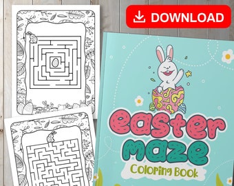 May include: A coloring book with a blue cover featuring a bunny rabbit inside an Easter egg. The title of the book is "Easter Maze Coloring Book".
