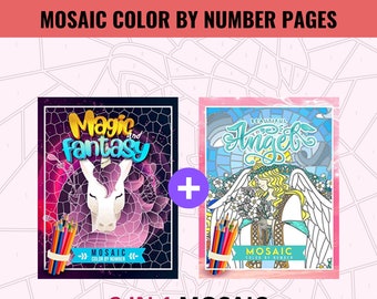 May include: Two printable mosaic colour by number colouring pages. One features a unicorn with the text "Magic and Fantasy" and the other features an angel with the text "Beautiful Angel".