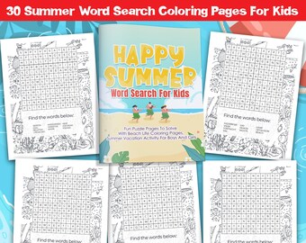 BESTE WAARDE Fijne zomerwoordzoeker voor kinderen - Instant Download puzzelpagina's om op te lossen met strandleven kleurplaten, leuke zomeractiviteit