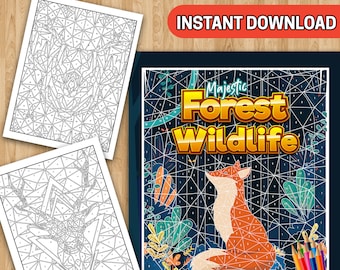 BEST VALUE Majestic Forest Wildlife Coloring Book - A Color By Number Mosaic Designs of Wild Animals Printable Book Instant Download Sheets