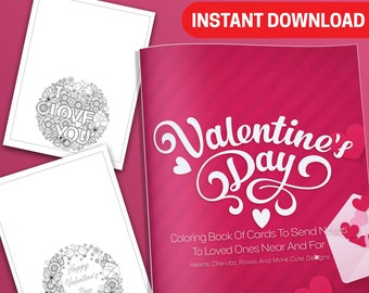 BEST VALUE 25 Valentine’s Day Coloring Book - Instant Download Greeting Cards Pages - Send Notes With Cherubs, Roses And More Cute Designs
