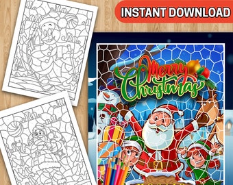 BEST VALUE 30 Merry Christmas Mosaic Color By Number Book - Instant Download Coloring Pages With Festive Holiday Scenes For Adults To Enjoy