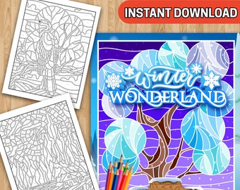 May include: Color by number mosaic art printable featuring a winter wonderland scene with a tree with blue and white snow-covered branches and the text "Winter Wonderland".