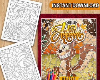 May include: Colour by number mosaic colouring page featuring a cartoon squirrel with the text "Hello Autumn" in a fall-themed design. The page includes a set of coloured pencils.