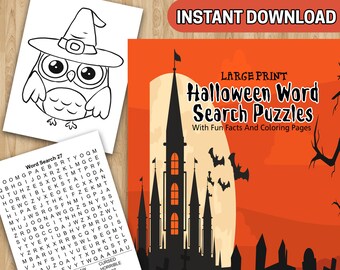 MEILLEURE VALEUR - 50 puzzles de recherche de mots d'Halloween - Téléchargement instantané Puzzles de recherche de mots d'Halloween en gros caractères avec des faits amusants et des pages à colorier