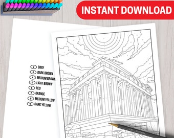 BEST VALUE Printable Parthenon in Athens Mosaic Color By Number - Instant Download Coloring For Adults With Beautiful Country Landmark