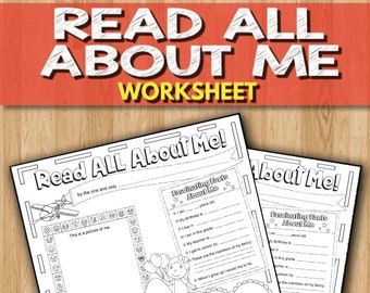 May include: A black and white printable worksheet titled "Read All About Me!" with sections for a child to fill in about themselves, including a space for a picture, their favorite things, and fascinating facts about them.