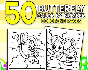 BEST VALUE - 50 Color By Number Coloring Pages For Kids - Instant Download Jumbo Butterfly Color By Number Coloring Book For Kids