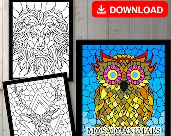 May include: Three black and white coloring pages featuring mosaic animal designs. The animals are a lion, an owl, and a deer. The title of the coloring pages is "Mosaic Animals Color-by-Number Black Background Could Draw Genius".