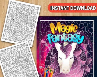 May include: Colour by number mosaic art print featuring a unicorn with a pink and purple background. The title of the print is "Magic and Fantasy".