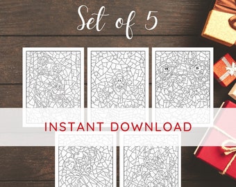 May include: Set of five printable Christmas-themed color by number pages. The pages feature images of Santa Claus, reindeer, and other holiday symbols. The text "Instant Download" is printed on a white banner.