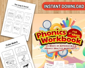 BEST VALUE Phonics Workbook For 1st Grade - Practice Reading & Writing Printable Activity Book For Kids Ages 6-7 Instant Download Worksheet