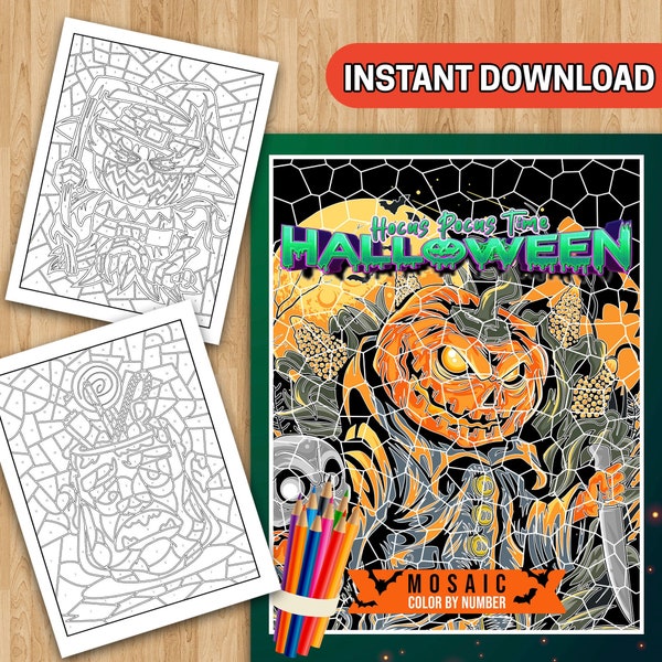 BEST VALUE - 25 Color By Number Pages - Instant Download Hocus Pocus Time Halloween Mosaic Color By Number - Kids Coloring Book