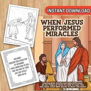 May include: A coloring book page featuring a scene from the Bible, depicting Jesus healing a paralytic man. The page includes a text box with the words "3rd Sign: Healing the Paralytic at Bethesda. Then Jesus said to him, 'Get up, pick up your mat and walk.' John 5:1-15".