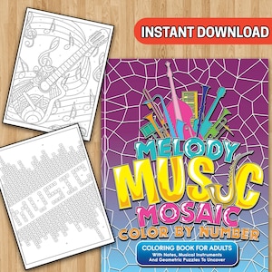 BEST VALUE 30 Melody Music Mosaic Color By Number - Instant Download Coloring Book For Adults With Notes, Musical Instruments, Ideal Gift!