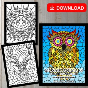 Puede incluir: Tres páginas para colorear en blanco y negro con diseños de animales en mosaico. Los animales son un león, un búho y un ciervo. El título de las páginas para colorear es "Mosaic Animals Color-by-Number Black Background Could Draw Genius".