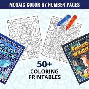BEST VALUE 2 in 1 Mosaic Color By Number Book - Instant Download Mosaic Coloring Pages, Ocean Animals & Forest Wildlife Perfect Art Activity