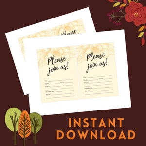 Invitation à remplir de conception d'automne imprimable, invitations d'automne rustiques, cartes à remplir, Thanksgiving, fête de récolte, anniversaire ou autres événements