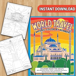 BEST VALUE 30 Travel Destinations Mosaic Color By Number - Instant Download Coloring For Adults With Beautiful Places, Cities, Landmarks