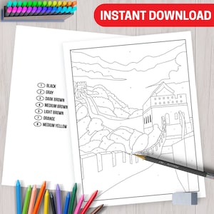 BEST VALUE Printable Great Wall of China Mosaic Color By Number - Instant Download Coloring Page For Adults With Beautiful Country Landmark