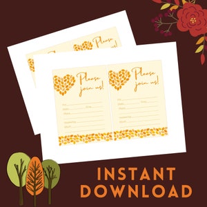 Invitation à remplir de conception d'automne imprimable, invitations d'automne rustiques, cartes à remplir, Thanksgiving, fête de récolte, anniversaire ou autres événements