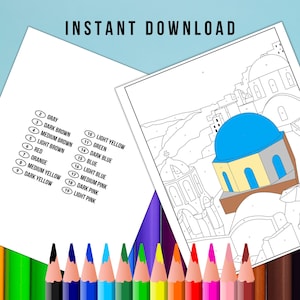 BEST VALUE Blue Domes of Oia, Santorini, Greece Coloring Page - Instant Download World Travel Mosaic Color By Number, Mosaic Coloring Gift