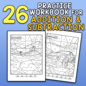 May include: Two black and white coloring pages, one of a battleship and one of a sports car. The pages are labeled "Battle Ship" and "Sports Car" and have numbers in each section. The numbers are for a color-by-number activity. The colors are listed below each page.