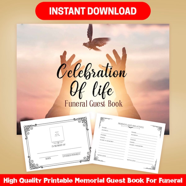 BEST VALUE Celebration Of Life Funeral Guest Book - Instant Download Memorial Services Sign In Pages, Visitor Registry, Condolence Messages