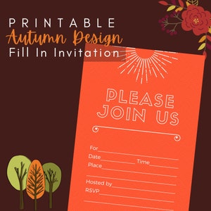 Invitation de remplissage de conception d'automne imprimable, invitations d'automne rustiques, cartes de remplissage de téléchargement instantané, Thanksgiving, douche nuptiale, et plus
