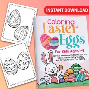 May include: A children's colouring book titled "Coloring Easter Eggs" with festive patterns. The cover features a cartoon bunny and decorated eggs. Two colouring pages with egg designs are also visible.