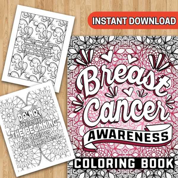 BEST VALUE 50 Breast Cancer Coloring Pages - Instant Download Breast Cancer Awareness Coloring Book, Inspirational Pages Relaxing Activity