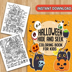 Könnte beinhalten: Ein Halloween-Malbuch für Kinder mit einer schwarzen Katze, die einen Schädel und einen Kürbis hält. Das Cover zeigt den Text "Halloween Hide and Seek Coloring Book for Kids".