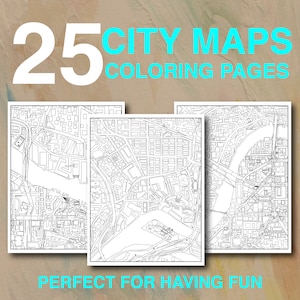 25 pages à colorier de cartes de ville - Téléchargement instantané PDF Livre de coloriage imprimable pour adultes Architecture Géographie Cadeau pour les voyageurs Wanderlust