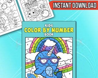 BEST VALUE 30 Color by Number for Kids Narwhals Coloring Book - Instant Download Coloring Pages for Kids Narwhal Birthday Coloring Sheet