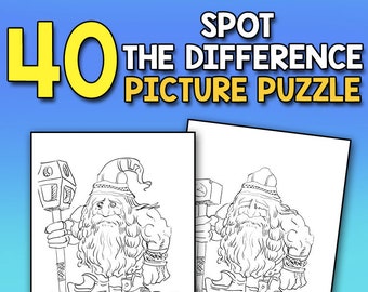 May include: A black and white line drawing of two identical images of a dwarf holding a lantern. The image is a spot the difference puzzle with the text "40 THE DIFFERENCE PICTURE PUZZLE" at the top.