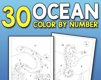 May include: Color by number activity featuring two ocean scenes. One scene shows a seahorse with coral and seaweed. The other scene shows an eel swimming through coral and seaweed. The images are black and white and numbered for coloring.
