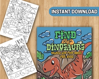 Puede incluir: Una portada de libro colorida con el título "Find the Dinosaurs" en letras grandes y en negrita. La portada presenta un dinosaurio de dibujos animados con una expresión amigable, de pie en una isla rocosa con plantas verdes y un río azul.
