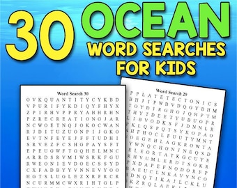 May include: Two black and white word search puzzles for kids with an ocean theme. The puzzles are titled "Word Search 30" and "Word Search 29". The words to find are listed below each puzzle.