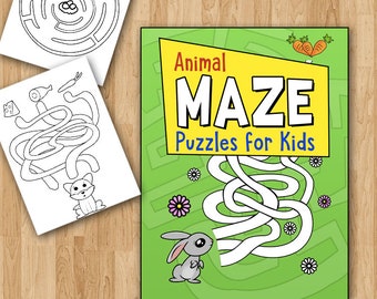 May include: A printable set of animal maze puzzles for kids. The cover features a green background with a white maze, a gray bunny, and the text "Animal Maze Puzzles for Kids".