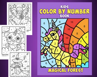 May include: A printable color by number book for kids featuring a unicorn in a magical forest. The unicorn is yellow with a pink mane and tail. The forest is filled with colorful trees and flowers. The book includes the text "KIDS COLOR BY NUMBER BOOK" and "MAGICAL FOREST".