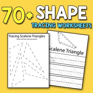 Könnte beinhalten: Schwarzweißes, druckbares Arbeitsblatt zum Nachzeichnen von gleichschenkligen Dreiecken. Das Arbeitsblatt enthält den Text "Tracing Scalene Triangles" und "Follow the lines with your pencil".