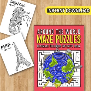 Pode incluir: Um livro para colorir vermelho e branco com o título "Around the World Maze Puzzles: Ultimate Coloring Activity Book". A capa apresenta um labirinto com um globo no centro e vários marcos ao redor do globo.