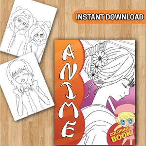 K&ouml;nnte beinhalten: Ein Anime-Malbuch mit dem Wort "Anime" in Wei&szlig; auf einem orange-violetten Hintergrund. Das Cover zeigt eine Strichzeichnung einer Frau mit Blumen im Haar. Die Worte "Coloring Book" sind ebenfalls sichtbar.