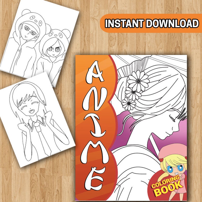 K&ouml;nnte beinhalten: Ein Anime-Malbuch mit dem Wort "Anime" in Wei&szlig; auf einem orange-violetten Hintergrund. Das Cover zeigt eine Strichzeichnung einer Frau mit Blumen im Haar. Die Worte "Coloring Book" sind ebenfalls sichtbar.