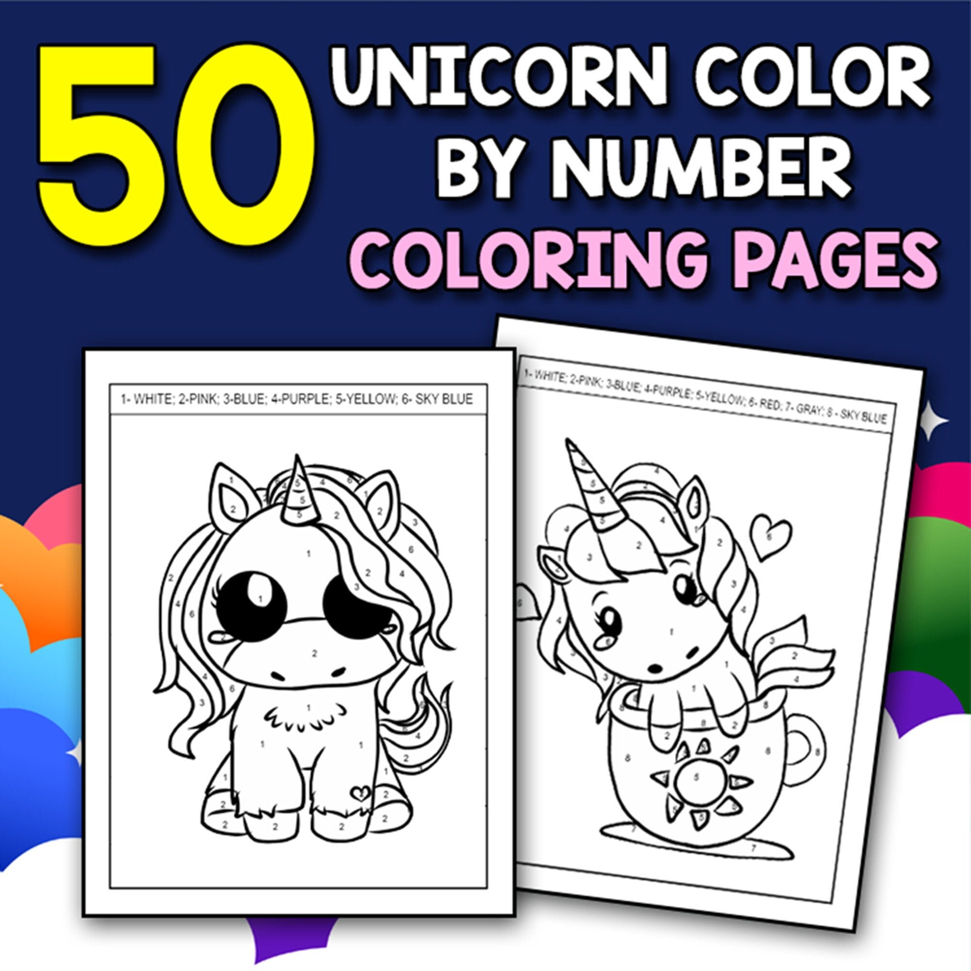 best value unicorn color by number 50 printable unicorn etsy