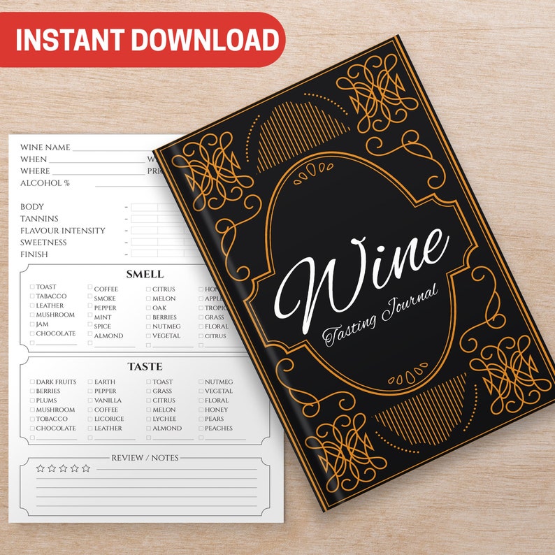 BEST VALUE Wine Tasting Journal Instant Download Wine Lovers Journal, Record For Your Wines W/ Ratings, Impressions, Notes, Great Gift zdjęcie 1