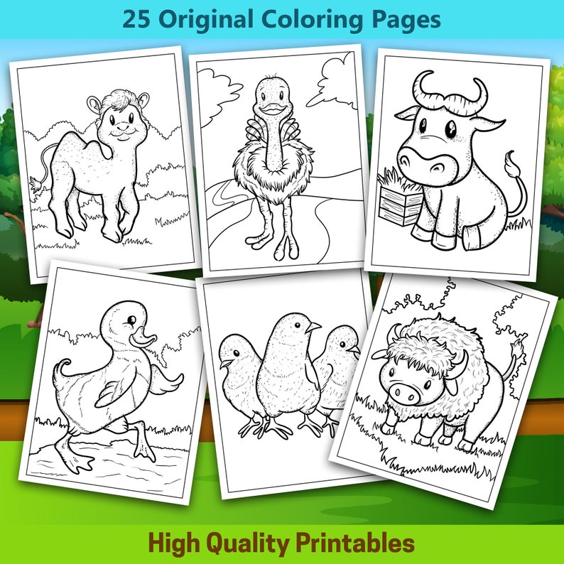 May include: A collection of 25 original coloring pages featuring various farm animals, including a camel, ostrich, cow, duckling, chicks, and yak. The pages are black and white line drawings, with the text "25 Original Coloring Pages" and "High Quality Printables".